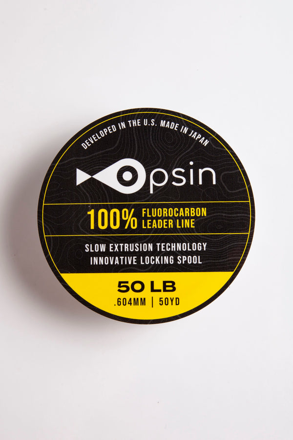 Opsin 50 lb fluorocarbon leader (0.59 mm) spool — slow-extruded Japanese fluorocarbon, built-in magnetic core