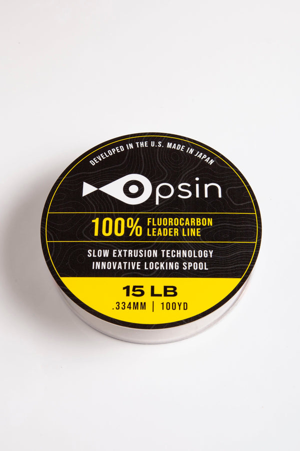 Opsin 15 lb fluorocarbon leader (0.35 mm) spool — slow-extruded Japanese fluorocarbon, built-in magnetic core