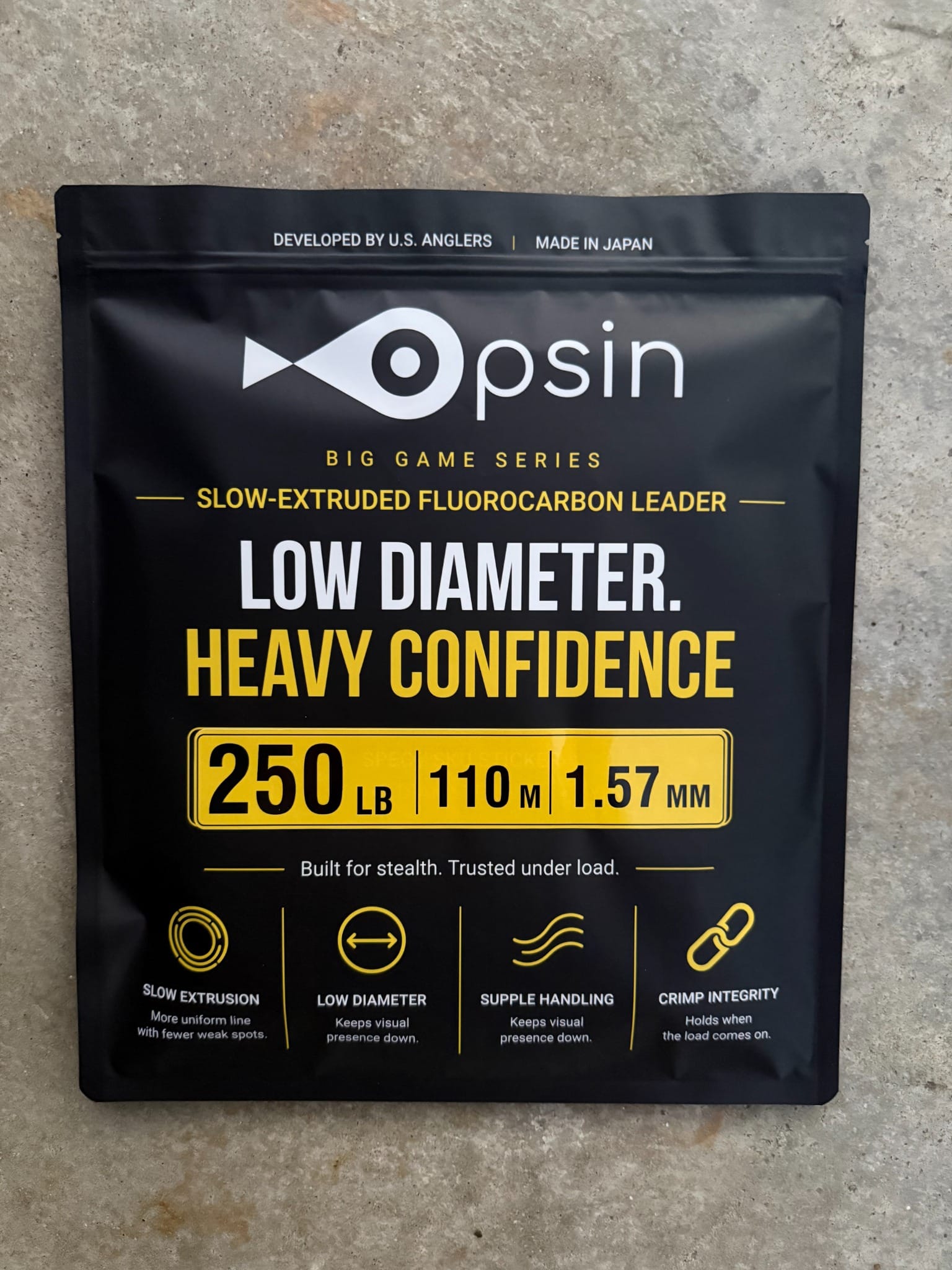 Opsin Big Game 250 lb fluorocarbon package — 1.57 mm, 110 m