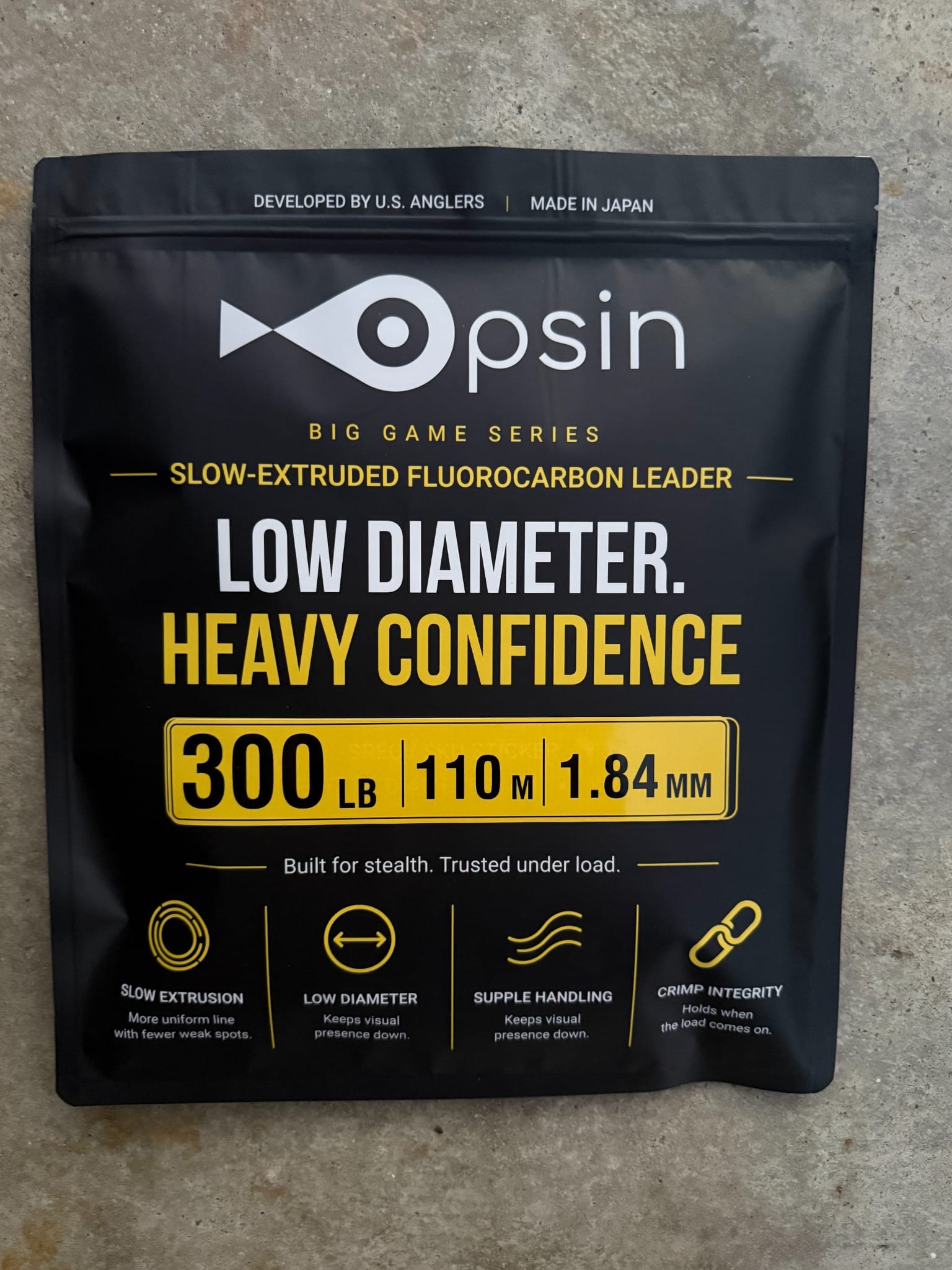 Opsin Big Game 300 lb fluorocarbon package — 1.84 mm, 110 m